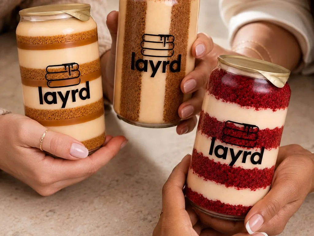 Three people at a table each holding a Layrd dessert can.
